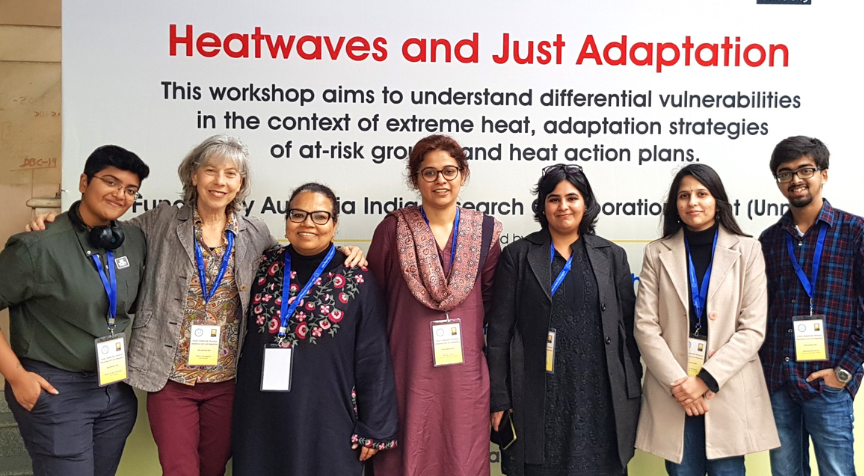 The project team at the stakeholder workshop in Delhi in 2023 (Krishna Karthikeyan (Curtin: Research Assistant), Prof. Petra Tschakert (Lead Investigator), Associate Prof. Upasna Sharma, Dr. Anshu Ogra (Lead co-investigator), Abhilasha Singh, Preksha Sharma, and Adhiraj Bhowmik (IITD: Research assistants).  